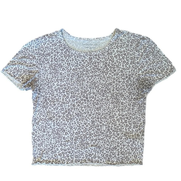 American Eagle Pastel Leopard Print Rib Knit Lettuce Hem Crop Baby Tee Sz S READ - Picture 1 of 7